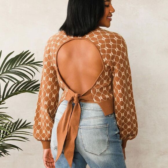 Buckle | Willow & Root Open Back Tie Sweater Brown Print Neutral Size Small BKE - Picture 3 of 11